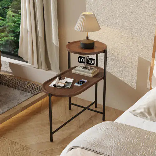SHS-Modern 2-Tier Small Coffee Table with Wood Storage Shelf – Oval Sofa Side Table for Living Room or Bedroom, Walnut Brown