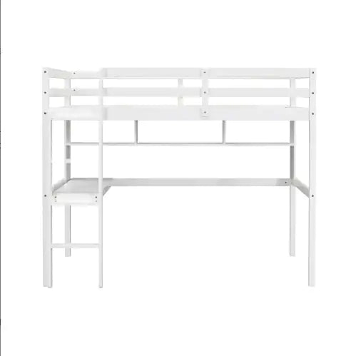 Twin Size Loft Bed with Desk, Shelves, Safety Guardrail, and Ladder, White Finish