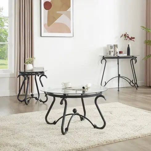 SHS-2-Piece Round Glass Coffee Table Set – Rustic Black Tempered Glass & Metal End Tables for Living Room