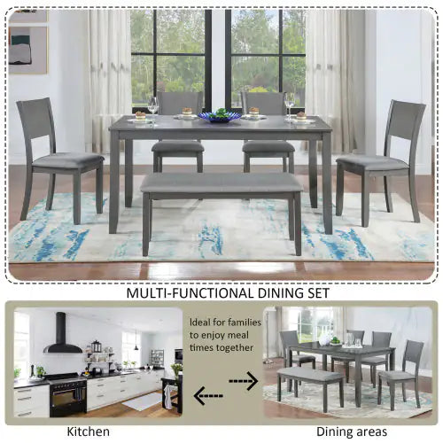 6-Piece Kitchen Dining Set, Rectangular Wooden Table with 4 Upholstered Chairs & Bench, Gray Acacia Wood, Seats 6