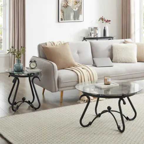 SHS-2-Piece Round Glass Coffee Table Set – Rustic Black Tempered Glass & Metal End Tables for Living Room
