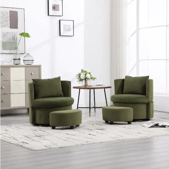 Upholstered Bucket Dining Chair with Ottoman - Fabric Side Chair with Storage, Swivel Armchair for Living Room, Beige & Olive