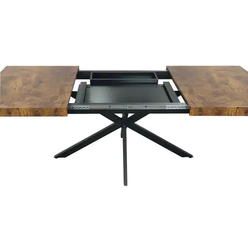 55.11" - 70.86" Retro Rectangular Stretch Dining Table with Antique Wood Top, Black Relief Plate, Metal Cross Iron Foot Base & Storage Box