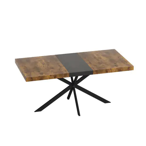 55.11" - 70.86" Retro Rectangular Stretch Dining Table with Antique Wood Top, Black Relief Plate, Metal Cross Iron Foot Base & Storage Box