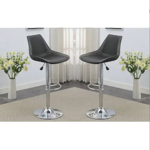 Modern Adjustable Bar Stool Set of 2, Ebony Wax Polyurethane Leather with Chrome Base for Dining Kitchen, Contemporary Design