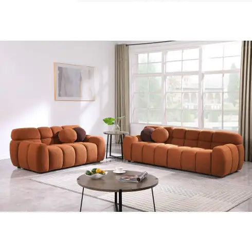SHS-64.96" Light Brown Boucle Marshmallow Sofa – 2 Seater, Rolled Arms, Modern Plush Couch