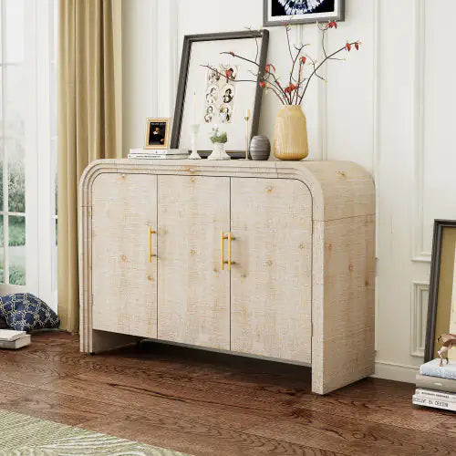 TREXM Vintage Minimalist Curved Sideboard with Gold Handles and Adjustable Shelves for Living or Dining Room (Natural Wood Wash)