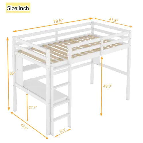 Twin Size Loft Bed with Desk, Shelves, Safety Guardrail, and Ladder, White Finish
