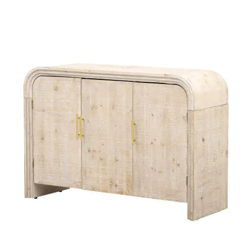 TREXM Vintage Minimalist Curved Sideboard with Gold Handles and Adjustable Shelves for Living or Dining Room (Natural Wood Wash)