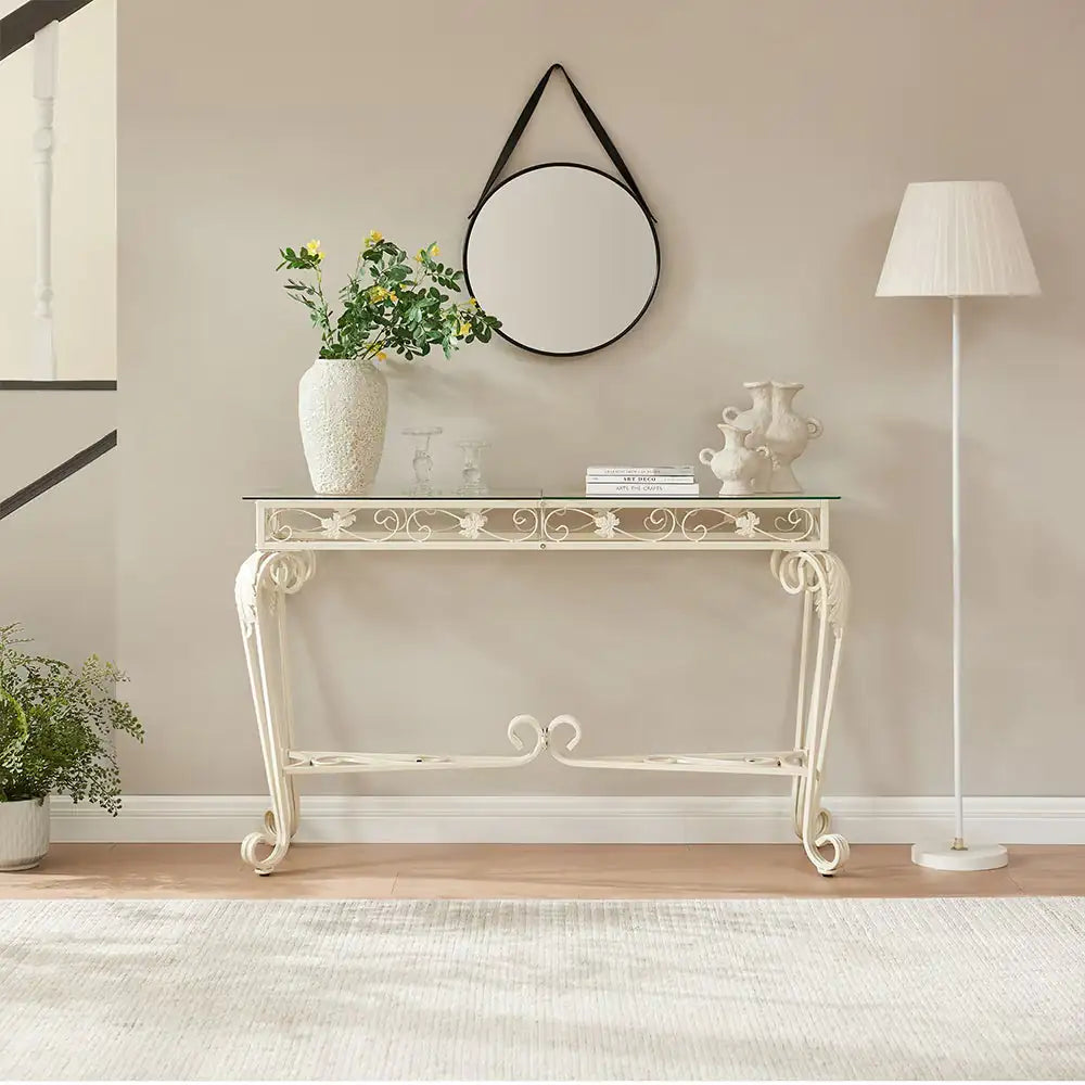 2-Tier White Tempered Glass Console Table with Storage Shelf – Modern Entryway & Sofa Table