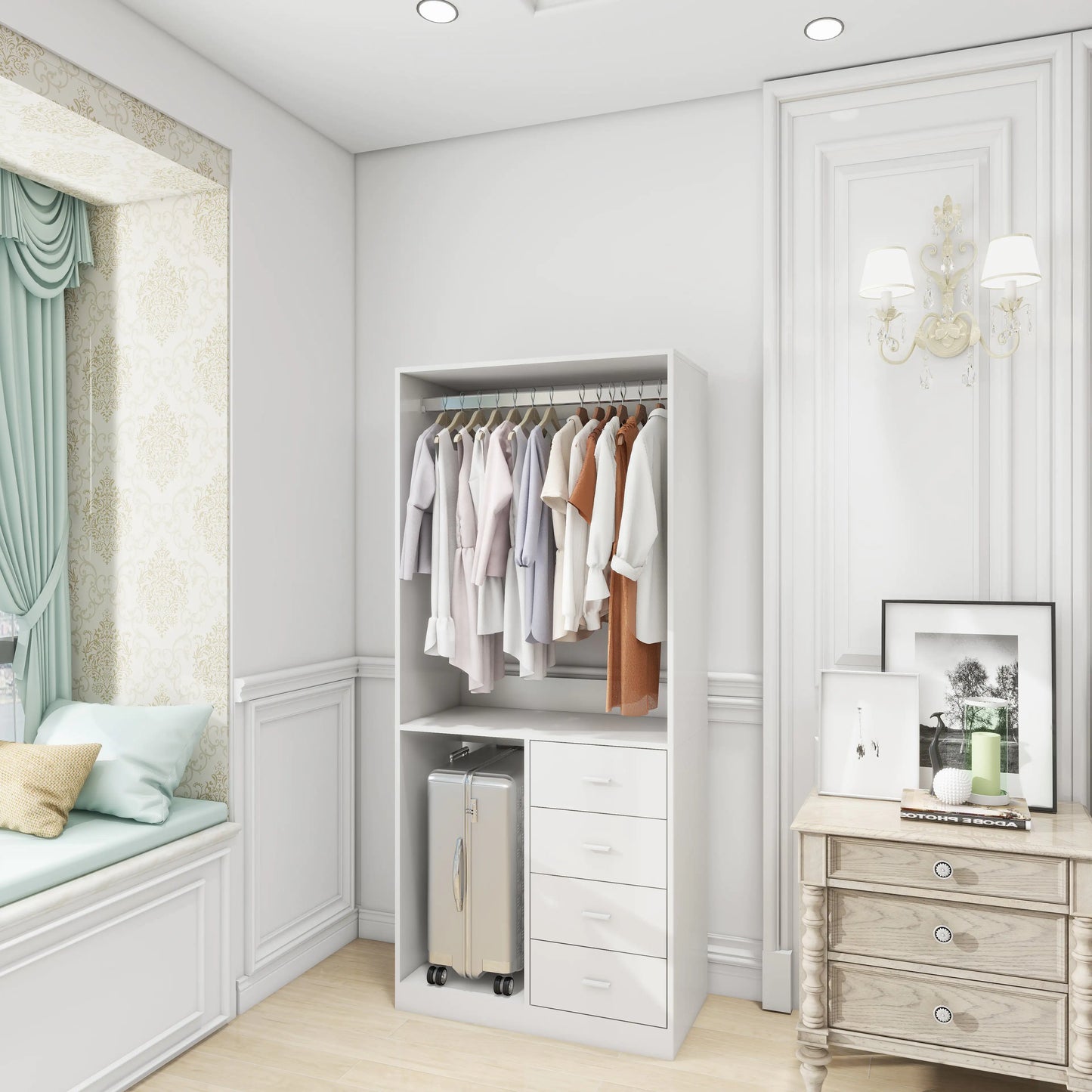 Modern Freestanding Armoire Wardrobe Closet with Shelves, Hanging Rods & Suitcase Storage – MDF Durable Storage Organizer for Bedroom