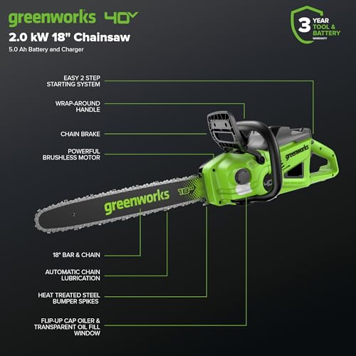 Greenworks 40V HP 18" BL Chainsaw Kit with 5.0Ah HP Battery and 5A Rapid Charger