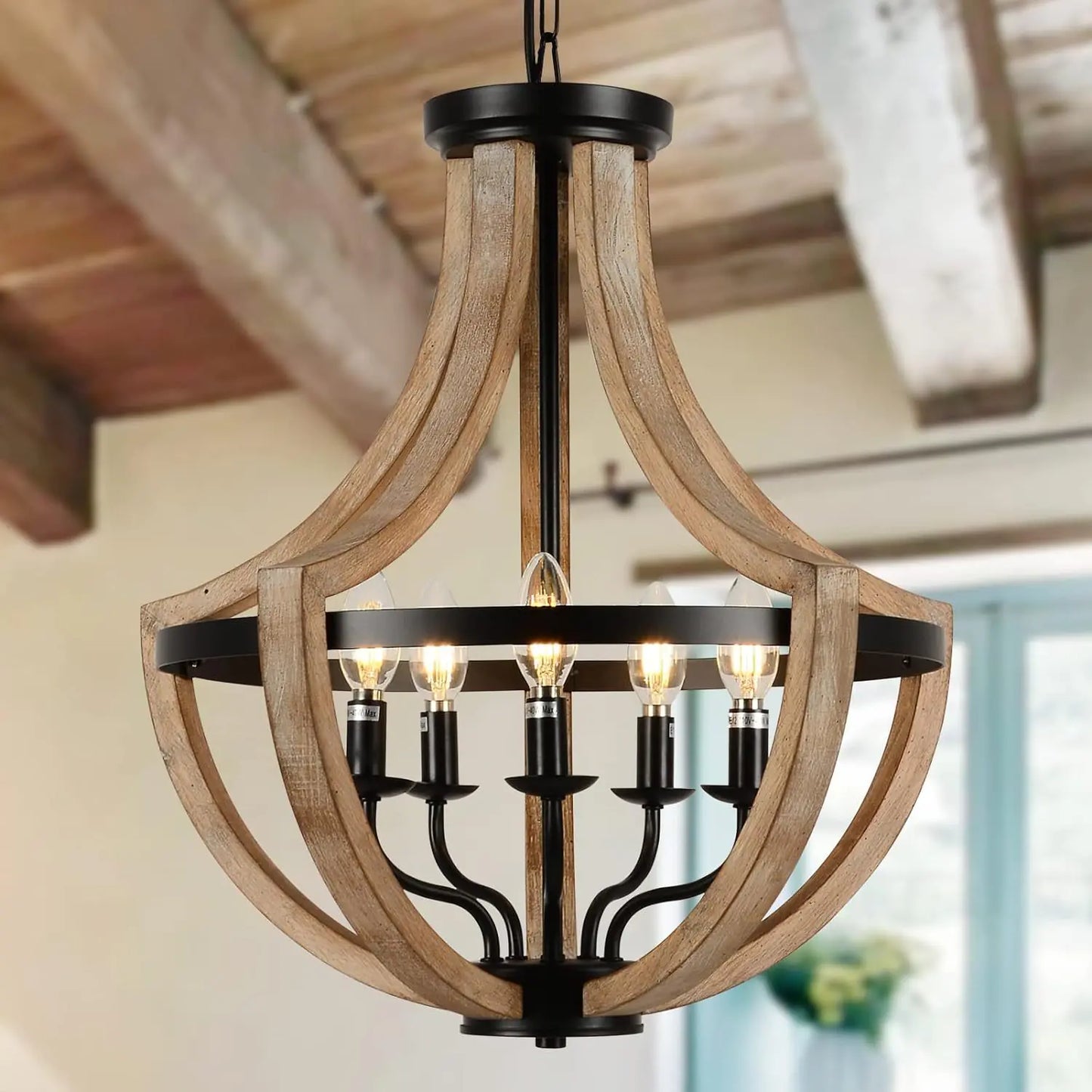 19" Farmhouse Chandelier, 5-Light Solid Wood Pendant Fixture for Dining Room, Kitchen, Living Room, Bedroom, Adjustable Height, Brown Finish