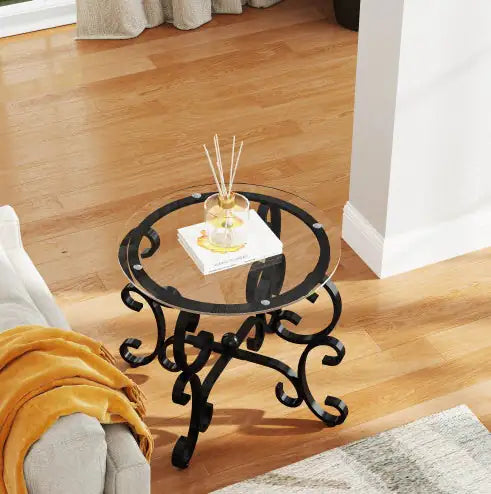 SHS-3-Piece Glass Coffee Table Set – Modern Round Coffee & End Tables with Tempered Glass Top and Metal Frame, Rustic Black Living Room Furniture