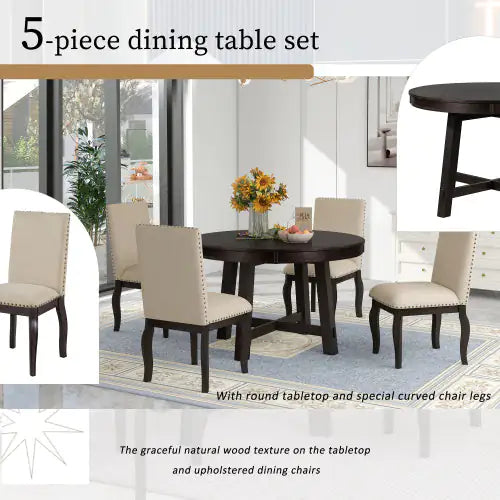5-Piece Farmhouse Dining Table Set with Round Extendable Table & 4 Upholstered Chairs in Espresso