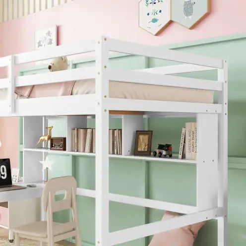 Twin Size Loft Bed with Desk, Shelves, Safety Guardrail, and Ladder, White Finish