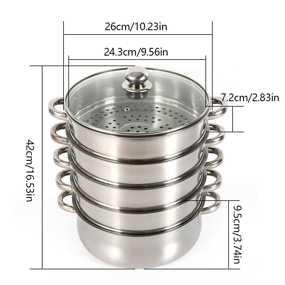 DUTTIETY Steamer Pot Food-Grade Polished Stainless Steel Dumpling Steamer Cooker Multi-functional 5-layer Fast Heating 26cm/28cm/30cm (26cm)