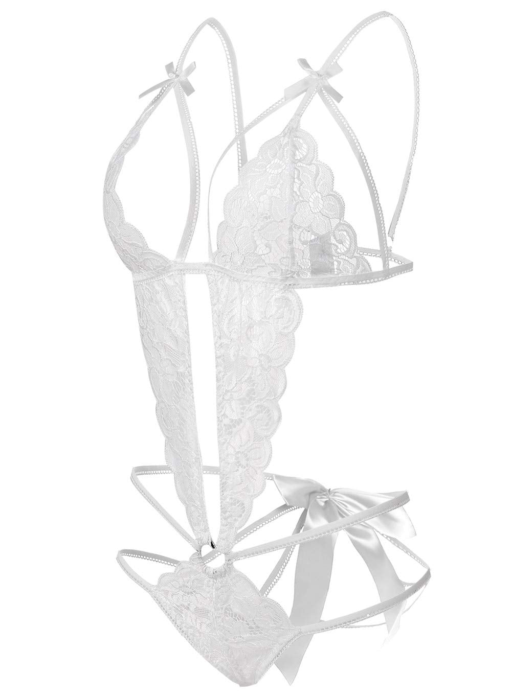 Donnalla Lingerie for Women Deep V Lace Teddy One Piece Lingerie Bodysuit Babydoll Teddy Underwear White Small