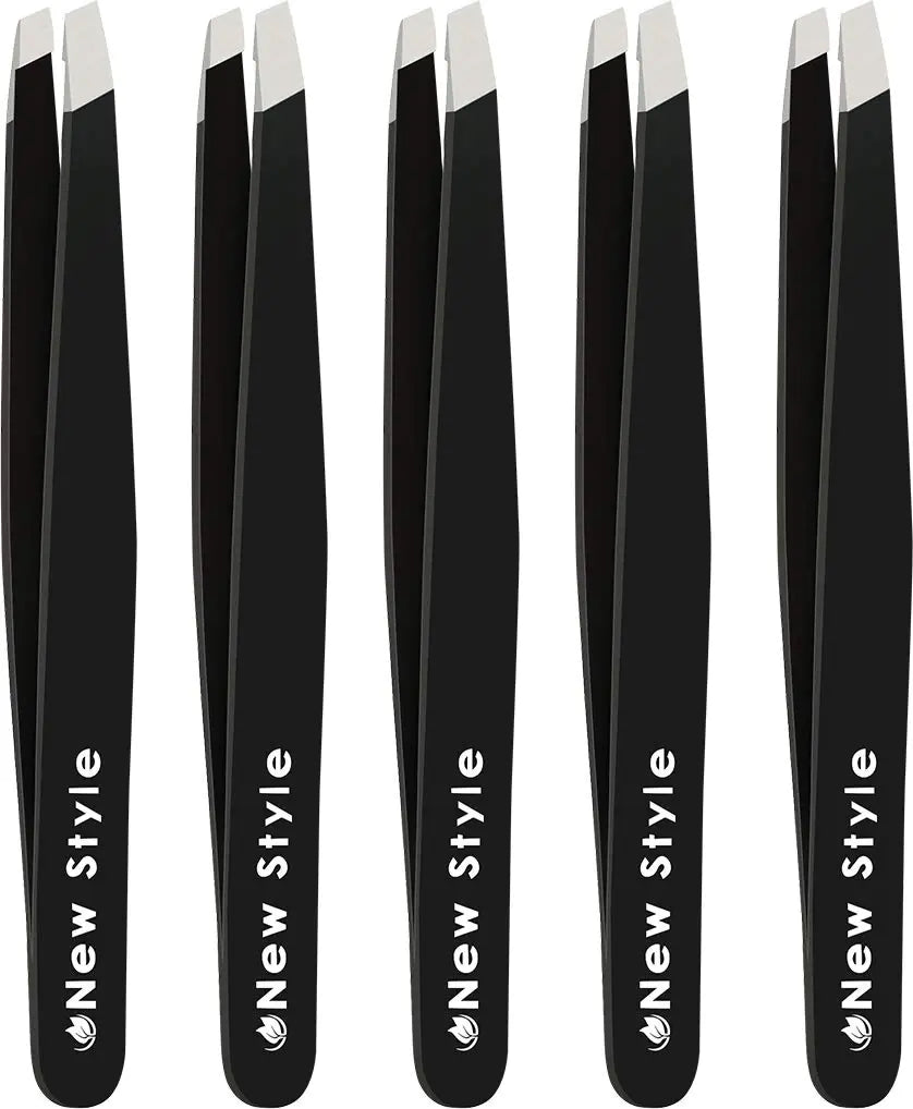 Slant Tweezers 5-Pack – Professional Stainless Steel Eyebrow & Facial Hair Tweezer Set with Precision Tips