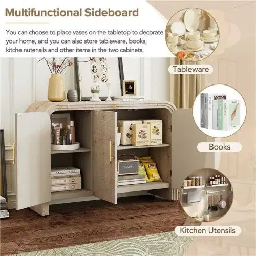 TREXM Vintage Minimalist Curved Sideboard with Gold Handles and Adjustable Shelves for Living or Dining Room (Natural Wood Wash)