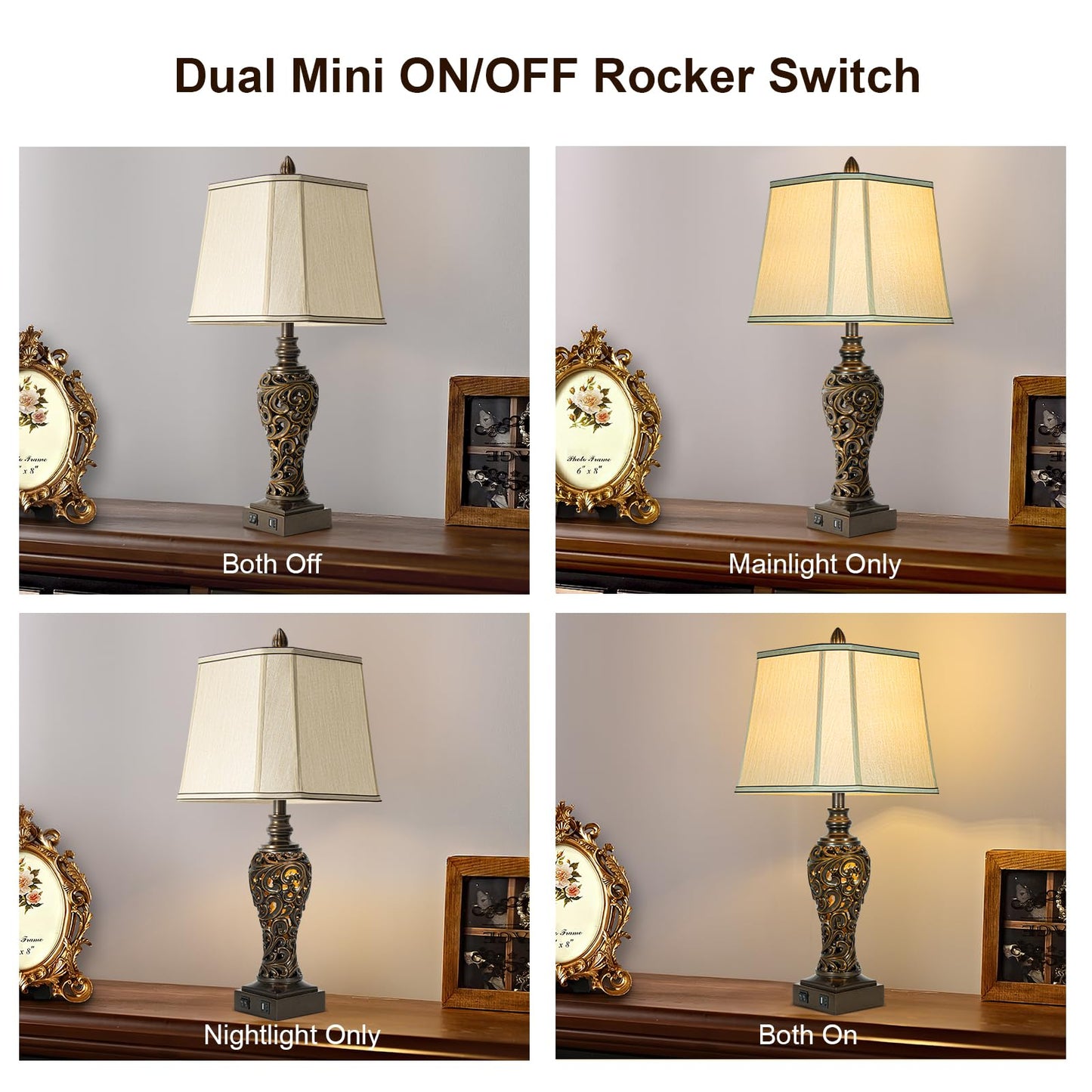 28.5" high Vintage Brown Table Lamps Set of 2 - Bedside Lamp with Faux Silk Shades - for Bedroom and Living Room with USB and Nightlight - Perfect for Nightstands and Bedrooms (Bulb Included)