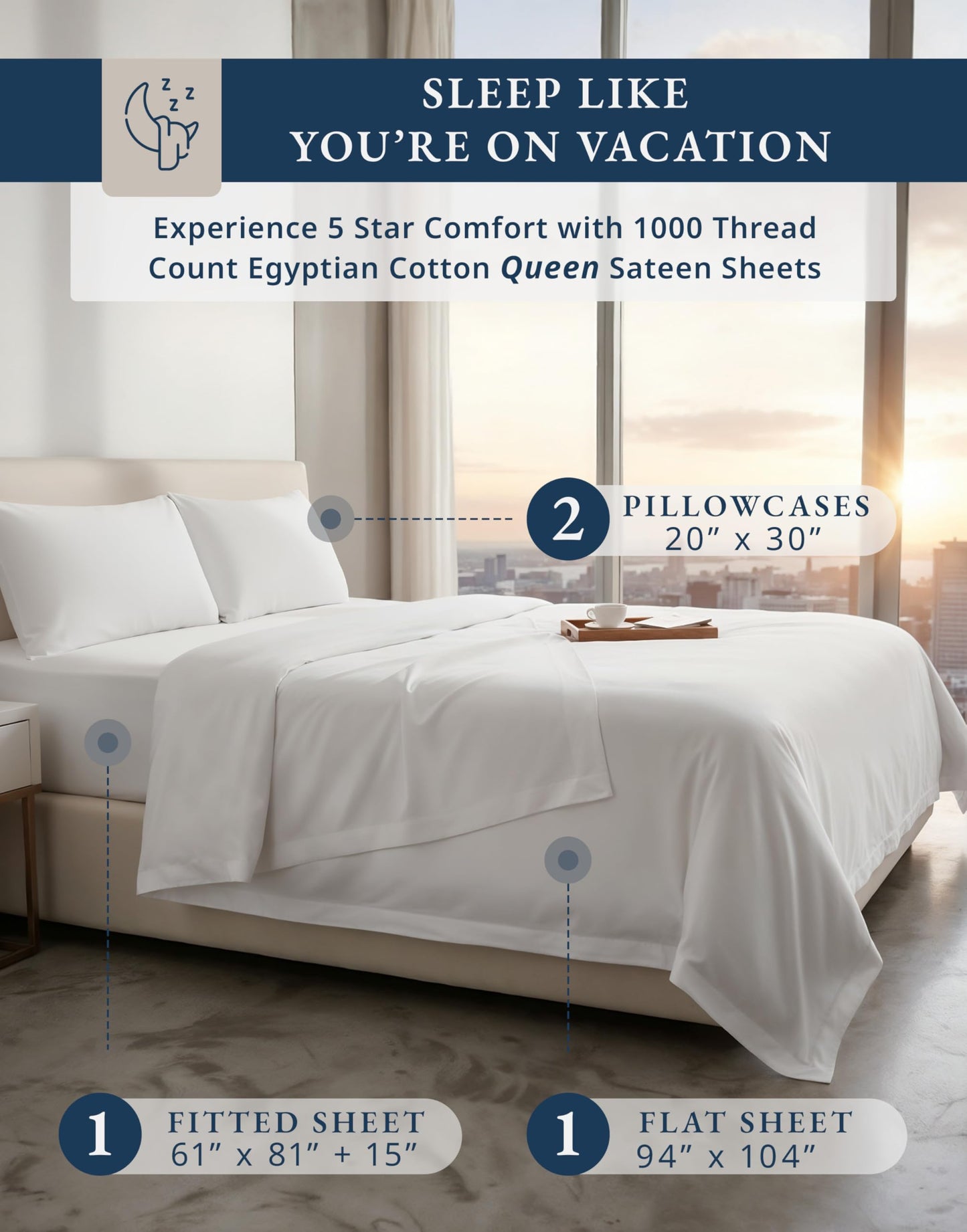 100% Egyptian Cotton Sheets Queen Size - Luxury 1000 Thread Count Naturally Cooling & Breathable Silky Sateen Weave Queen Sheet Set, Soft & Durable Hotel Sheets with 15" Snug Fit Deep Pockets - White