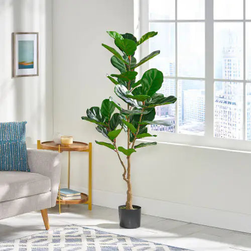 Artificial Violin Leaf Fig Tree - Pre-Potted Faux Plant 59" Tall