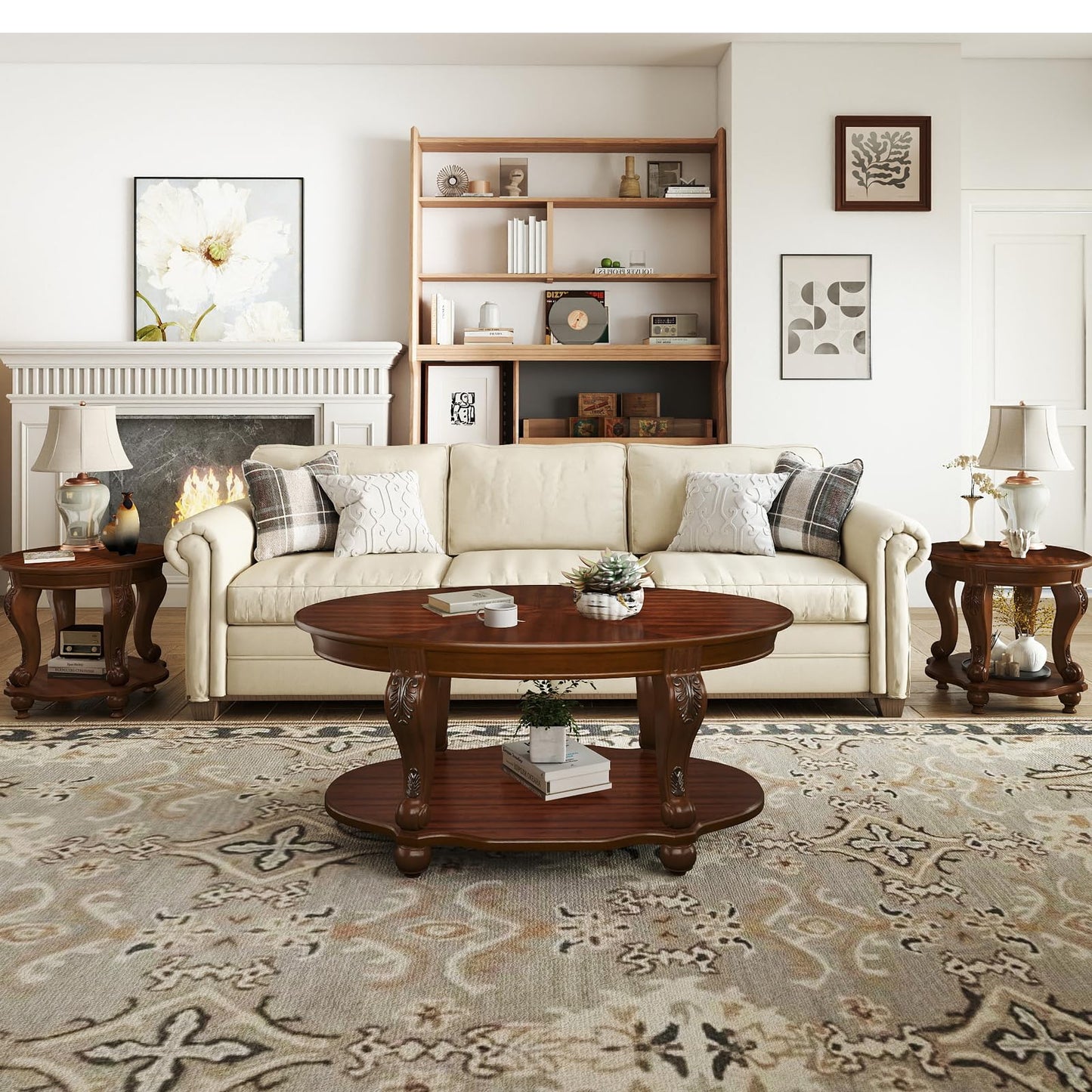 LKTART Wood Coffee Table Set with Storage Shelf Oval Coffee Tables and Round Side Table for Living Room Farmhouse, Antique Elegant Carved Legs, Easy Assembly, Cherry