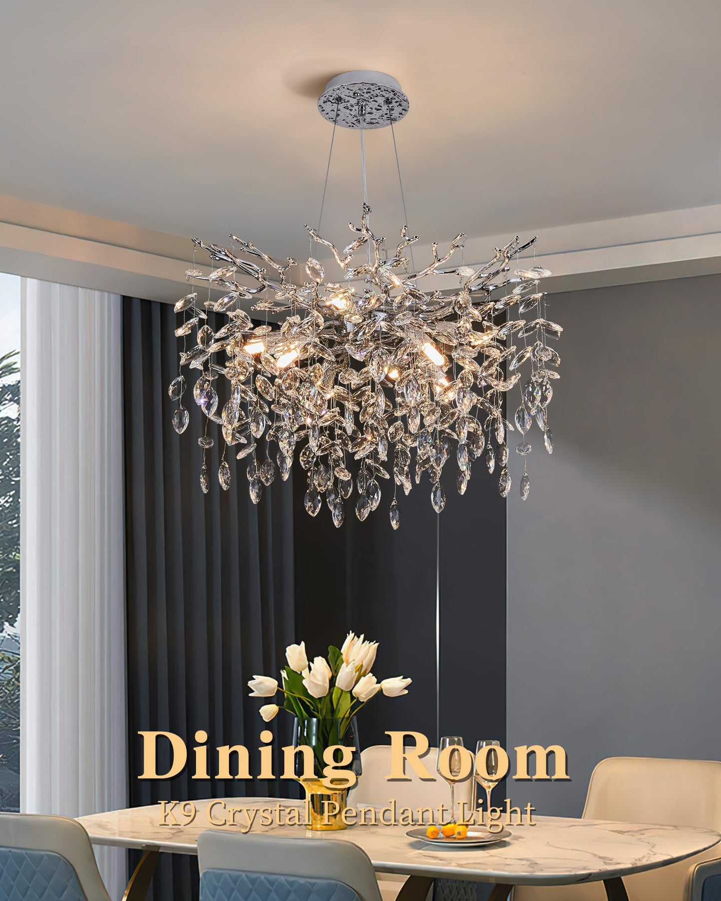 witkey Modern Tree Branch Crystal Chandelier Luxury Silver Crystal Pendant Lighting 23.6" Contemporary 8-Light Chandeliers for Dining Room Kitchen Bedroom Living Room