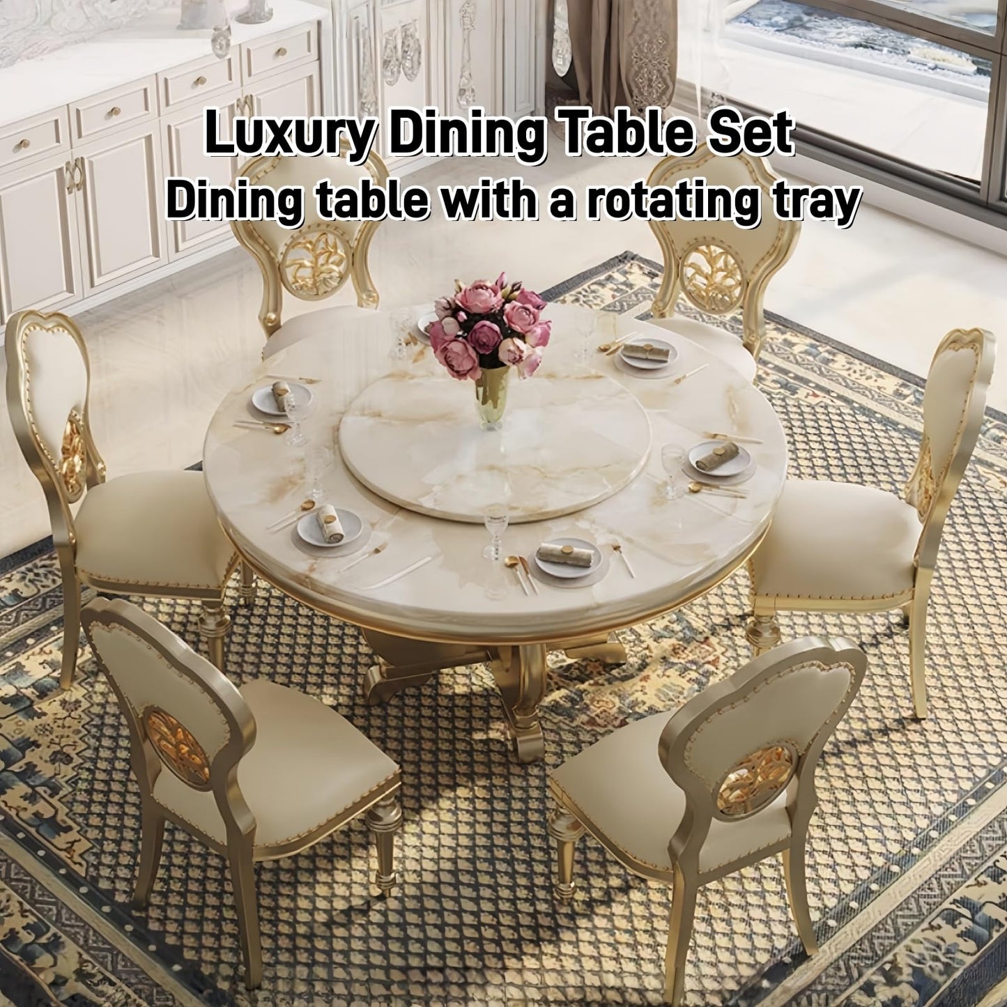 Edeyeu 51" Dining Table Set - Marble Style Solid Wood Kitchen Table and Chairs with Rotating Tray, Luxury Dining Room Set for 4 or 6, Easy Assembly Dining Furniture for Home & Family Use Four-Seater