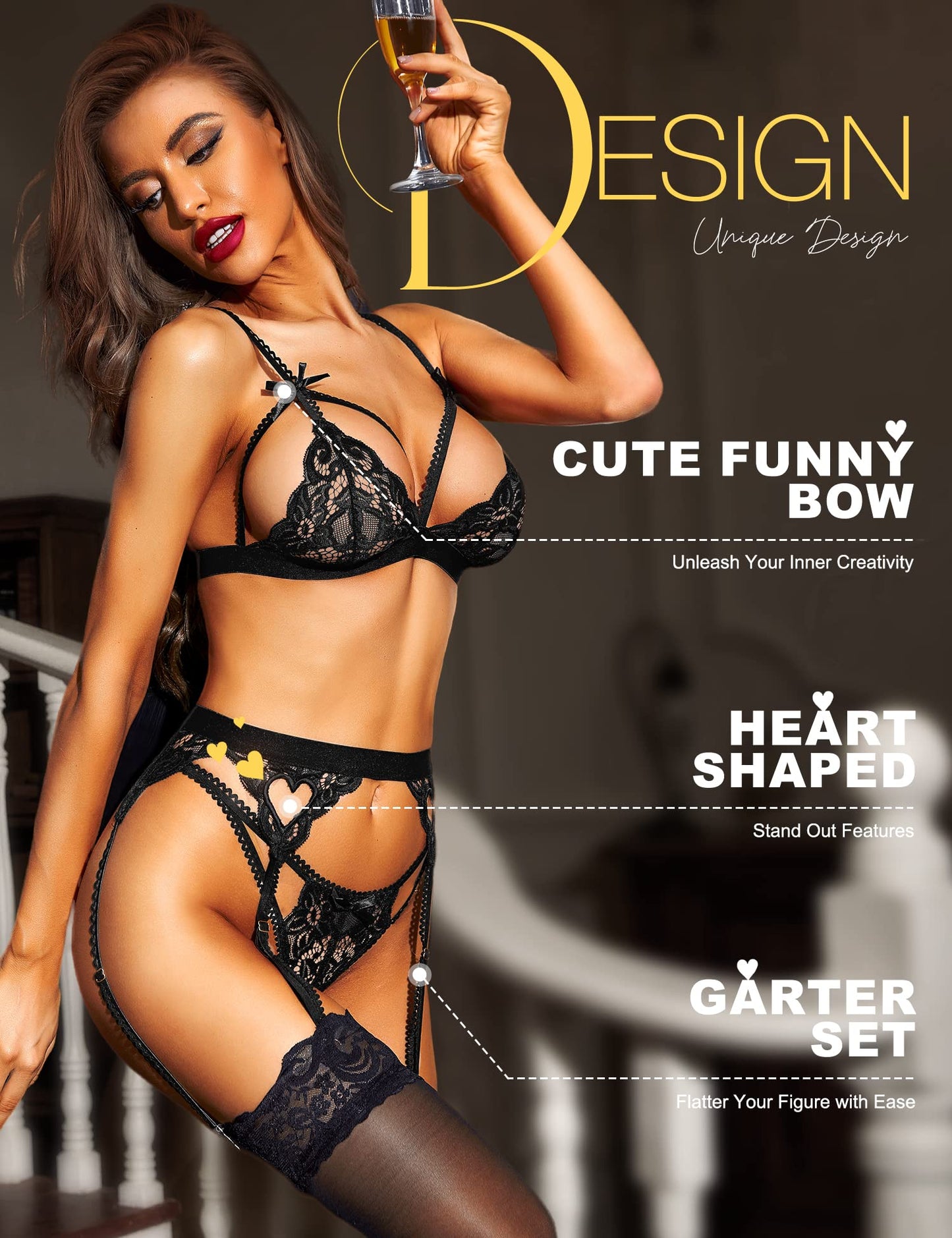 RSLOVE Lingerie for Women with Garter Belt 3 Piece Lace Teddy Babydoll Bodysuit Black L