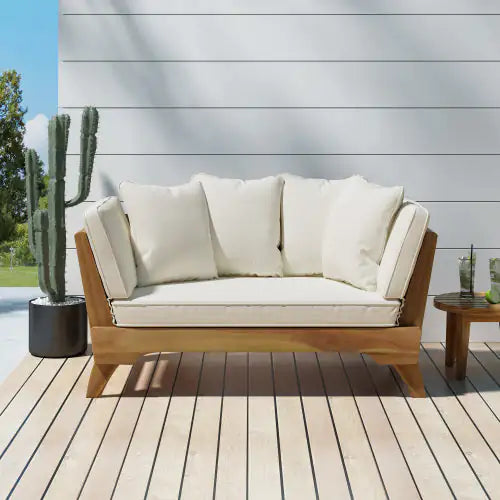 Serene Sofa Bed, Full Size, Acacia Wood Frame, Waterproof Cushions, Teak Fabric Upholstery