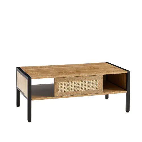 SHS-40" Natural Rattan Coffee Table with Sliding Door Storage & Metal Legs – Modern Boho Style for Living Room