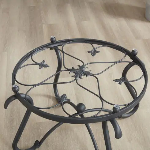 SHS-2-Piece Round Glass Coffee Table Set – Rustic Black Tempered Glass & Metal End Tables for Living Room