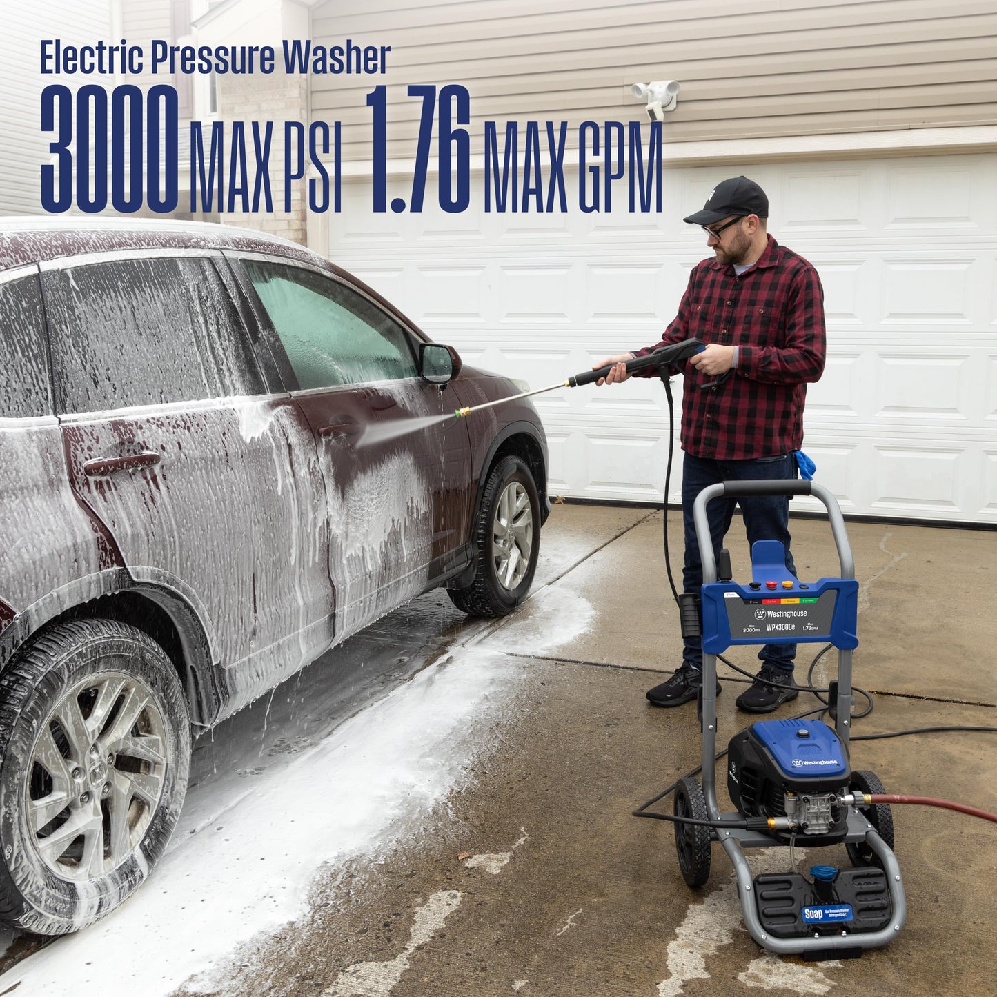 Westinghouse WPX3000e Electric Pressure Washer, 3000 Max PSI and 1.76 Max GPM, Induction Motor, Onboard Soap Tank, Spray Gun and Wand, 5 Nozzle Set, for Cars/Fences/Driveways/Homes/Patios/Furniture