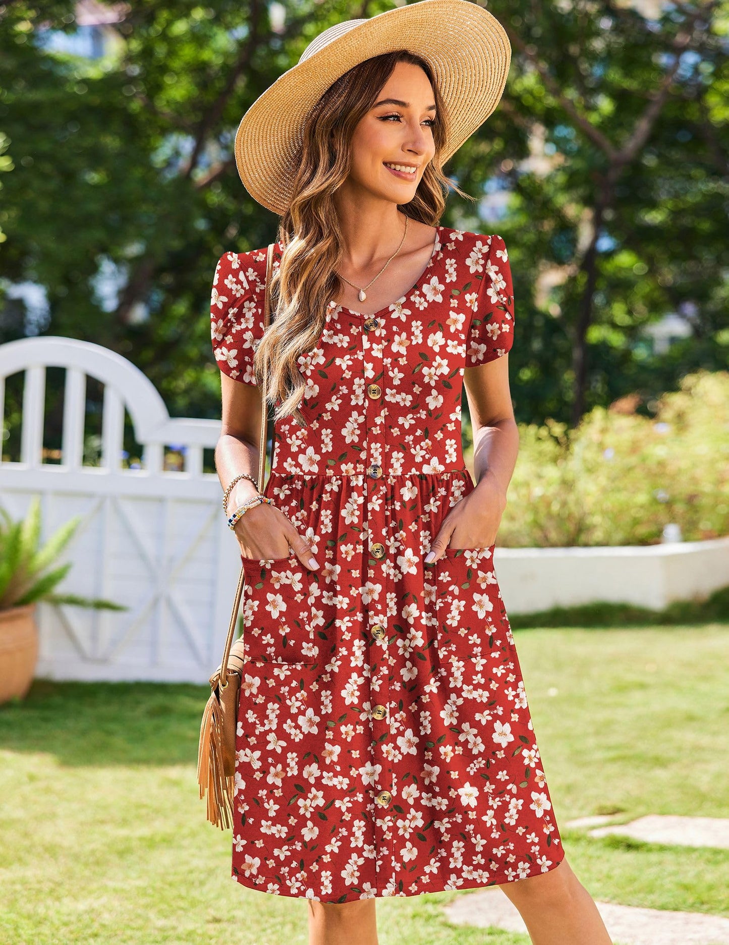 Zeagoo Summer Dress for Women 2026 Mini Short Sleeve A Line Babydoll Button Down Flowy Swing Dress Red Floral L