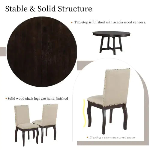 5-Piece Farmhouse Dining Table Set with Round Extendable Table & 4 Upholstered Chairs in Espresso