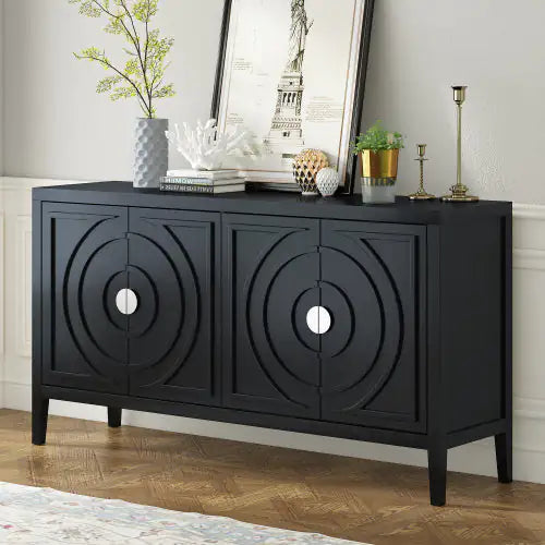 SHS-TREXM Vintage Sideboard with Round Groove Design & Metal Doorknob for Entrance, Dining, Living Room Storage (Black)