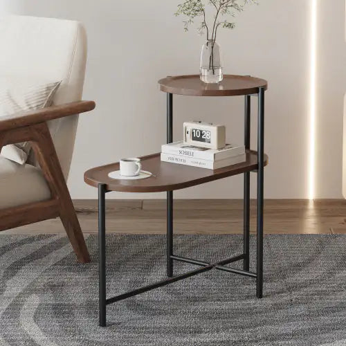 SHS-Modern 2-Tier Small Coffee Table with Wood Storage Shelf – Oval Sofa Side Table for Living Room or Bedroom, Walnut Brown