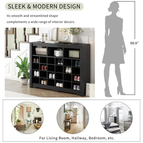 ON-TREND Modern 24-Shoe Cabinet Console, Multifunctional Sideboard with Curved Base, Black
