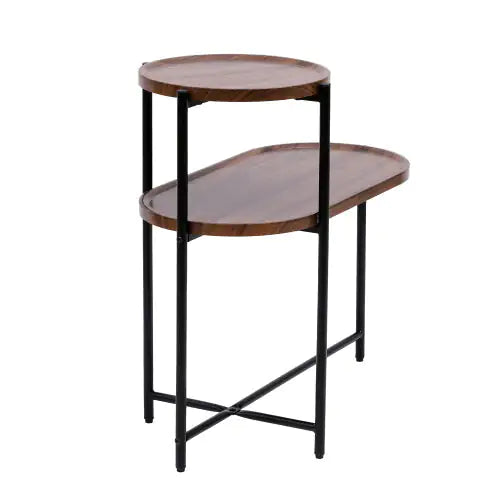 SHS-Modern 2-Tier Small Coffee Table with Wood Storage Shelf – Oval Sofa Side Table for Living Room or Bedroom, Walnut Brown