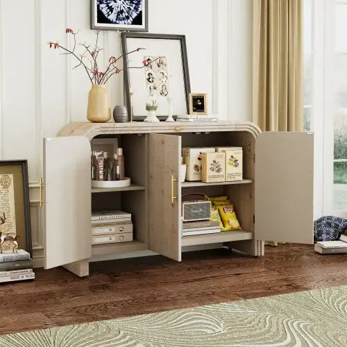 TREXM Vintage Minimalist Curved Sideboard with Gold Handles and Adjustable Shelves for Living or Dining Room (Natural Wood Wash)