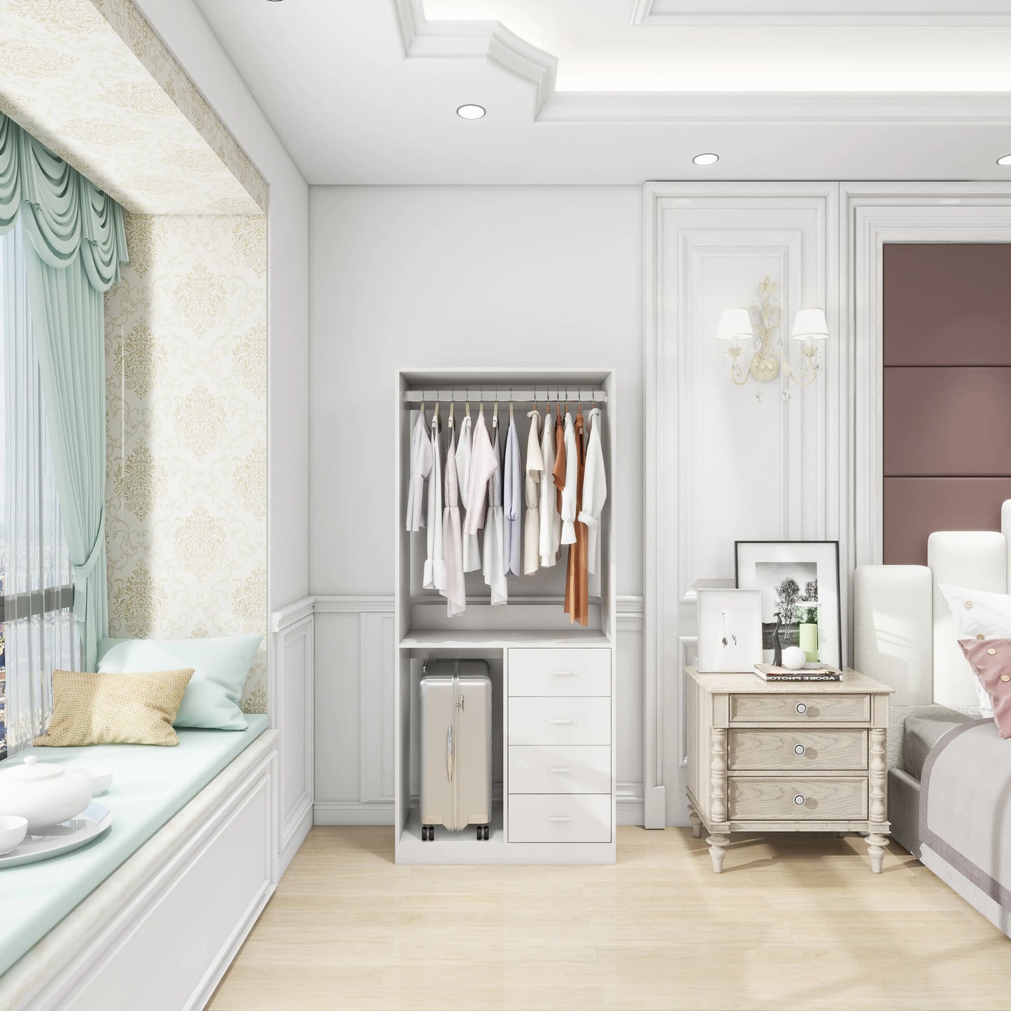 Modern Freestanding Armoire Wardrobe Closet with Shelves, Hanging Rods & Suitcase Storage – MDF Durable Storage Organizer for Bedroom