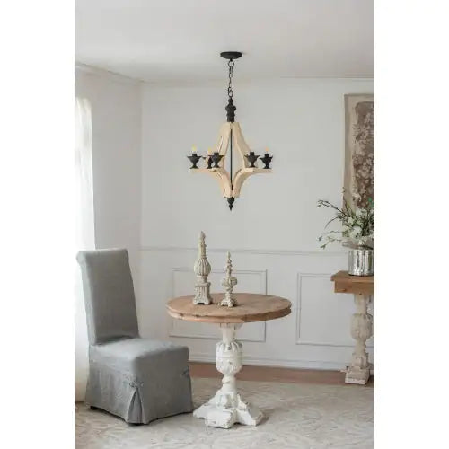 6-Light Wood Chandelier with Adjustable Chain for Kitchen & Dining Hall, Distressed White & Black Iron Fixtures, Bulb Not Included