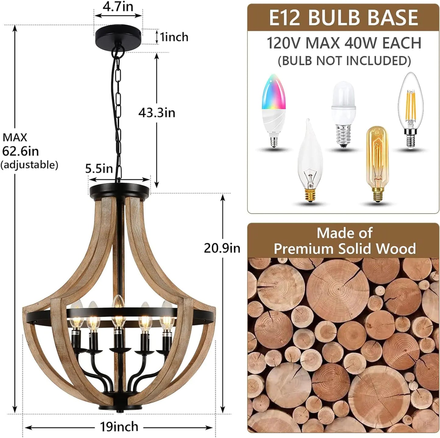 19" Farmhouse Chandelier, 5-Light Solid Wood Pendant Fixture for Dining Room, Kitchen, Living Room, Bedroom, Adjustable Height, Brown Finish