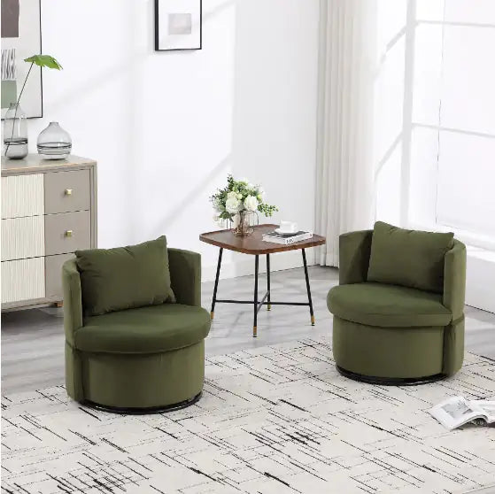 Upholstered Bucket Dining Chair with Ottoman - Fabric Side Chair with Storage, Swivel Armchair for Living Room, Beige & Olive