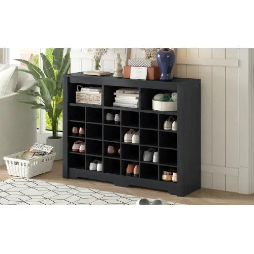 ON-TREND Modern 24-Shoe Cabinet Console, Multifunctional Sideboard with Curved Base, Black