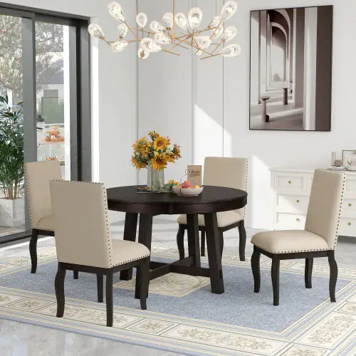 5-Piece Farmhouse Dining Table Set with Round Extendable Table & 4 Upholstered Chairs in Espresso