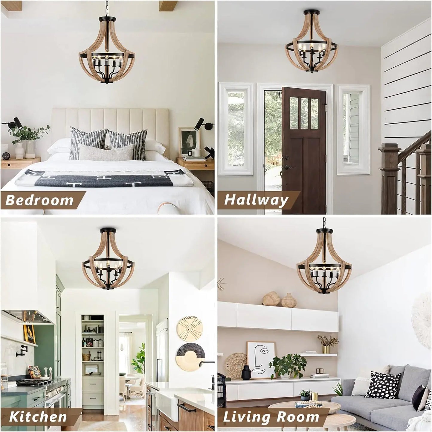 19" Farmhouse Chandelier, 5-Light Solid Wood Pendant Fixture for Dining Room, Kitchen, Living Room, Bedroom, Adjustable Height, Brown Finish