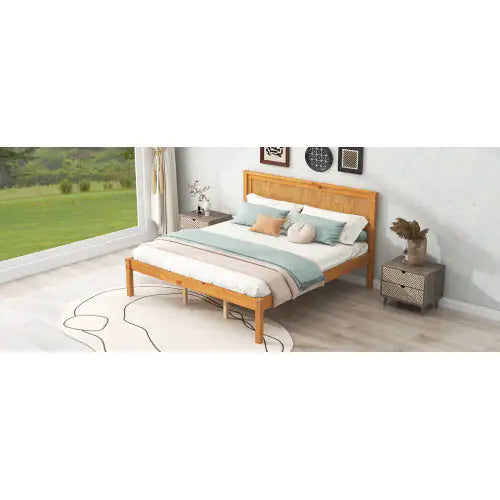 Platform Bed Frame with Headboard, Wood Slat Support, No Box Spring Needed, Queen, Oak Finish